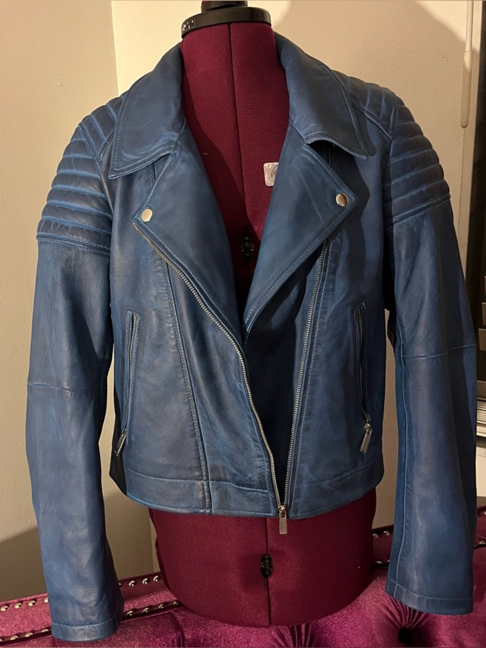 Bolongaro Lambskin Blue Leather Moto Jacket Size Large L Women